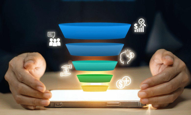 Sales funnel graphic on a tablet, showing stages from leads to conversions. Blue, green, and yellow sections represent different steps.