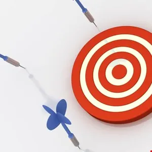 Blue darts hitting a red and white target, symbolizing accuracy and achieving goals.