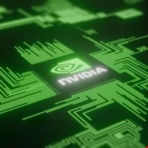 Close-up of an NVIDIA chip on a circuit board, glowing green.