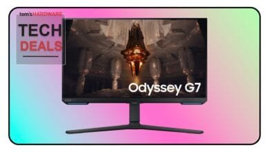 Samsung Odyssey G7 gaming monitor displaying a game scene, featured on Tom's Hardware Tech Deals.