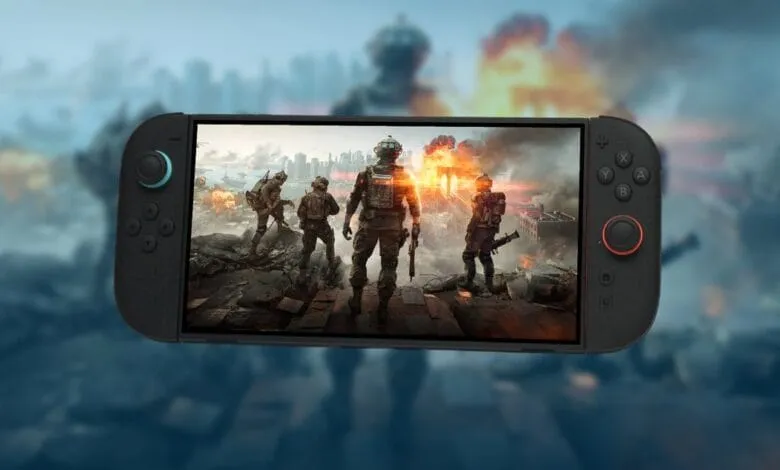 A handheld gaming console displays a war scene; soldiers stand amidst urban destruction, fire, and smoke.