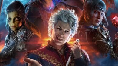 Baldur's Gate 3 key art: Four characters—elf, white-haired man, blue-haired woman, and another—stand against a fiery backdrop.