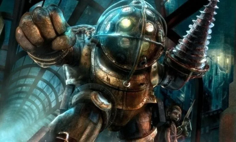A menacing Big Daddy from BioShock, a steampunk-style diving suit, looms in a dark, underwater city. A Little Sister is visible in the background.