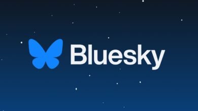 Bluesky logo: a blue butterfly icon next to the white wordmark 'Bluesky' on a dark blue background.