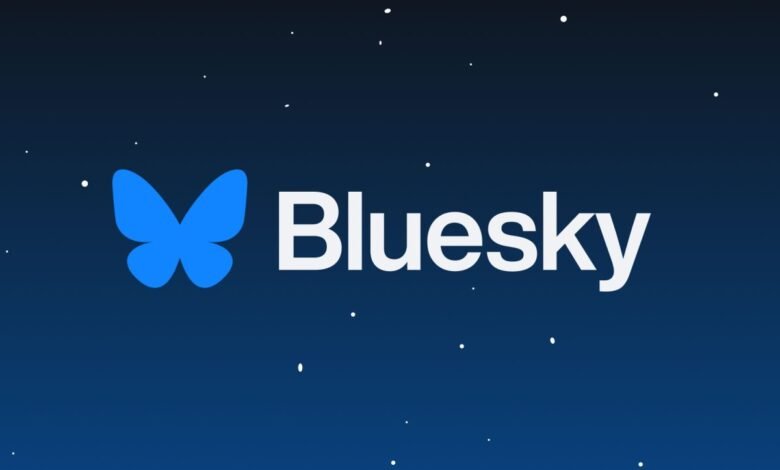 Bluesky logo: a blue butterfly icon next to the white wordmark 'Bluesky' on a dark blue background.