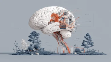 AI-enhanced human brain, circuit board inside, roots extending into nature scene.