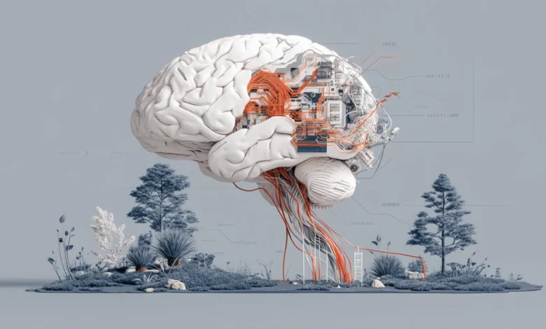 AI-enhanced human brain, circuit board inside, roots extending into nature scene.