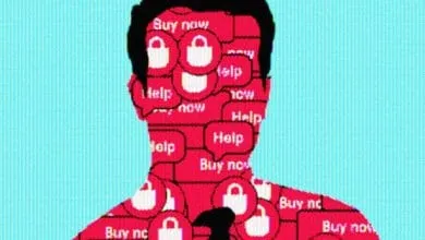 Silhouette of a person's head and shoulders covered in red speech bubbles with 'Buy Now' and 'Help' text, and shopping bag icons.
