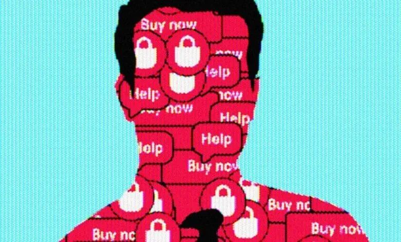 Silhouette of a person's head and shoulders covered in red speech bubbles with 'Buy Now' and 'Help' text, and shopping bag icons.