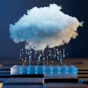 Cloud computing concept: A fluffy cloud rains data onto a server, symbolizing data storage and transfer.