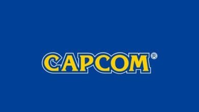 Capcom logo: The word 'CAPCOM' in bold yellow letters with white outlines on a blue background.
