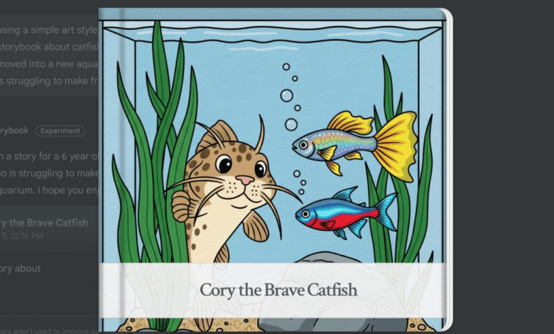 Illustration of Cory the Brave Catfish, a children's storybook, showing a friendly catfish with other fish in an aquarium.