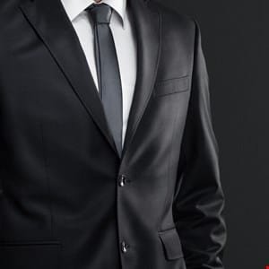 Close-up of a man in a dark suit and tie against a black background.