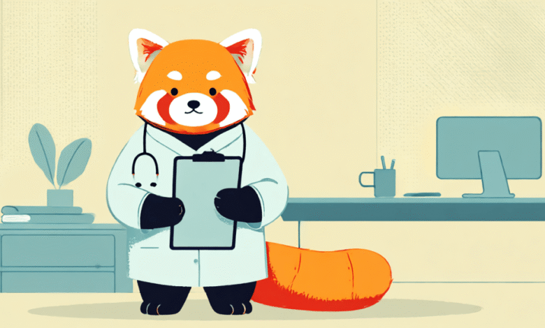 A cute red panda doctor in a white coat holds a clipboard in an office setting.