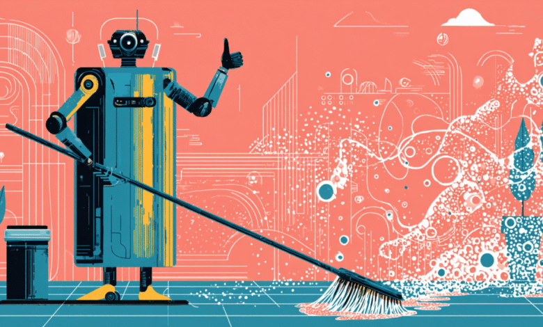 A retro-futuristic robot cleaner uses a long-handled brush to clean a floor, giving a thumbs-up. The background is a stylized coral-toned cityscape.