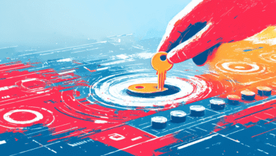 Hand inserting key into futuristic interface; vibrant red, blue, and yellow tones.