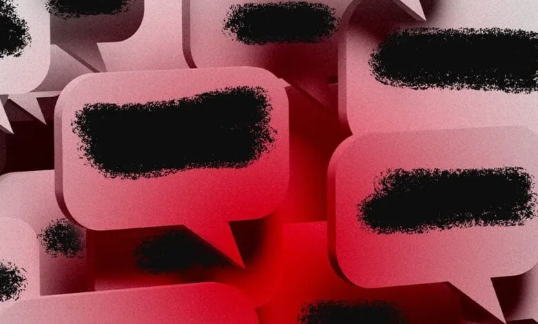Overlapping speech bubbles with black censor bars obscuring text, symbolizing censorship.