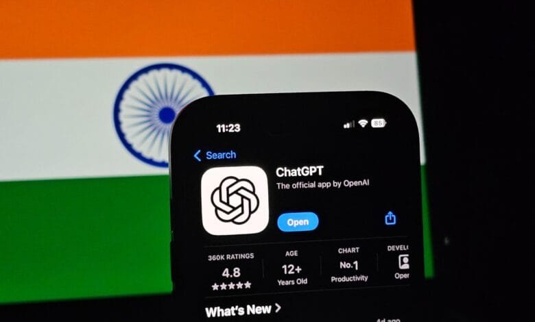 ChatGPT app on iPhone screen with Indian flag in background. High rating shown.