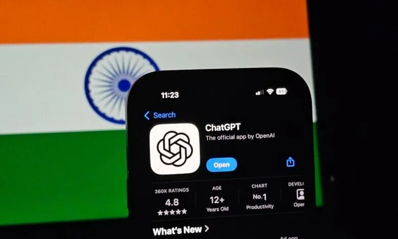 ChatGPT app on iPhone screen with Indian flag in background. High rating shown.