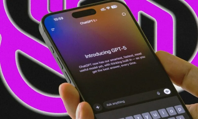 Close-up of a smartphone displaying an announcement for ChatGPT's new GPT-5 model, highlighting its speed and intelligence.