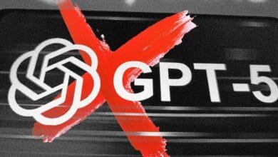 A stylized graphic depicts a large red X over the text 'GPT-5', with a white circular logo to the left.