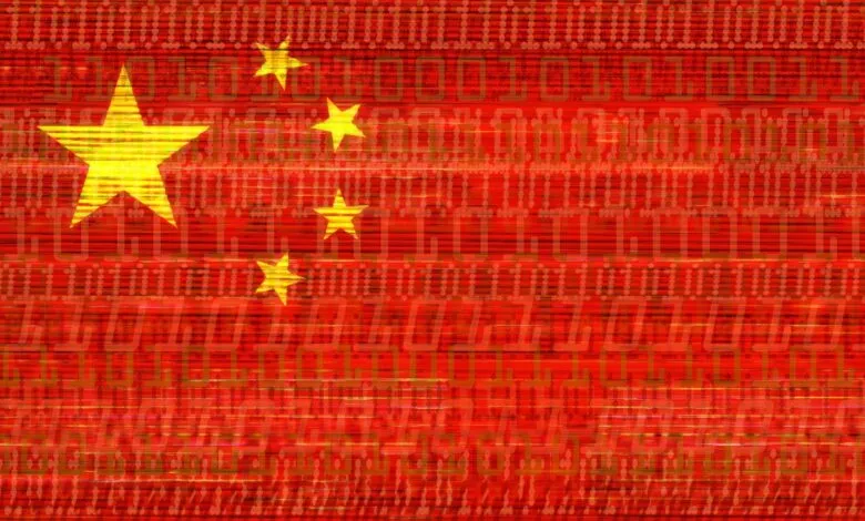 China's flag overlaid with binary code, symbolizing digital technology and the country's influence.