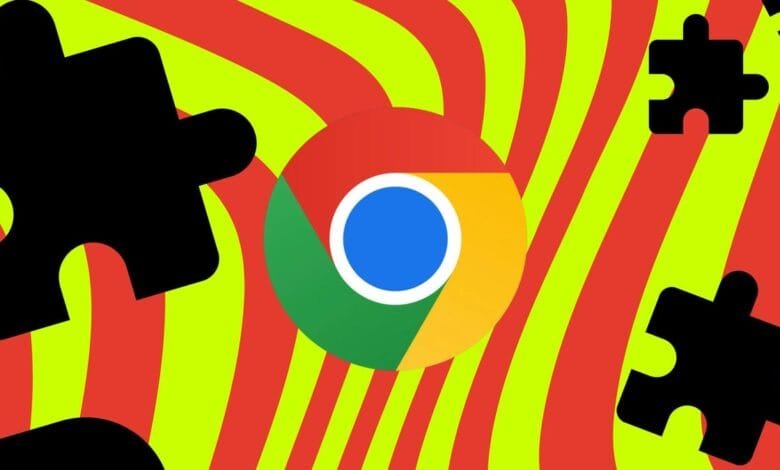 Chrome logo centered on a vibrant red and lime green striped background with black puzzle pieces.