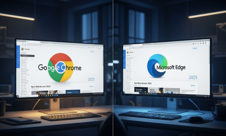 Comparison of Google Chrome and Microsoft Edge web browsers on desktop computers in a dimly lit office setting.