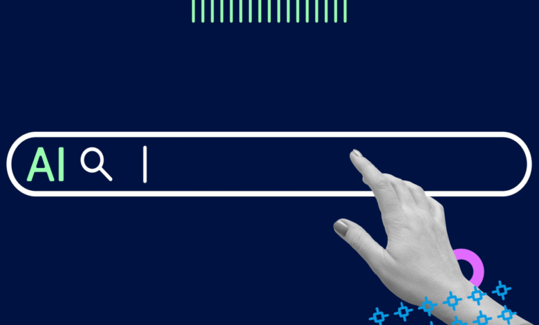 Hand hovering over AI search bar, ready to search. Dark blue background with teal and pink accents.