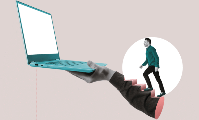 A teal laptop is offered to a man climbing pink stairs, symbolizing career advancement through technology.