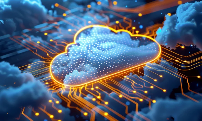 Cloud computing concept: glowing cloud icon on a circuit board, symbolizing data storage and processing in the cloud.