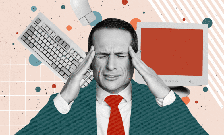 Stressed businessman in teal jacket and red tie holds his head, surrounded by retro computer elements in a collage.