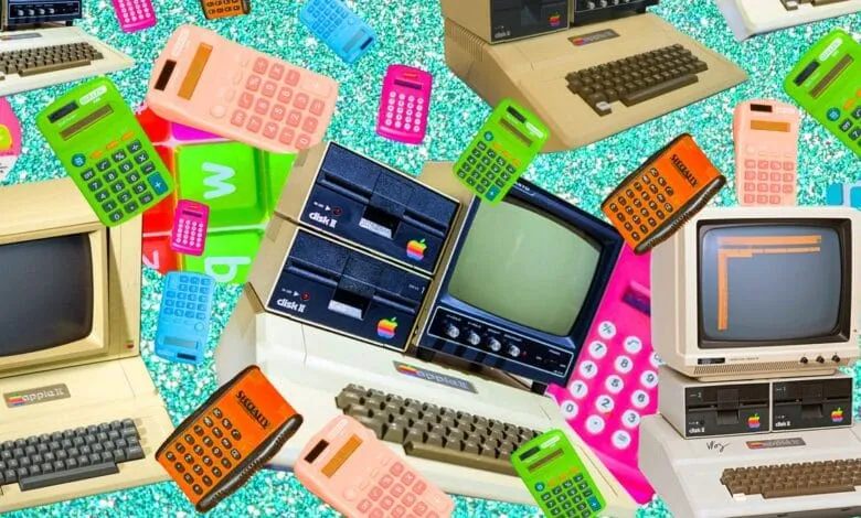 Retro tech collage: Vintage Apple II computers, floppy disks, and colorful calculators on a teal glitter background.