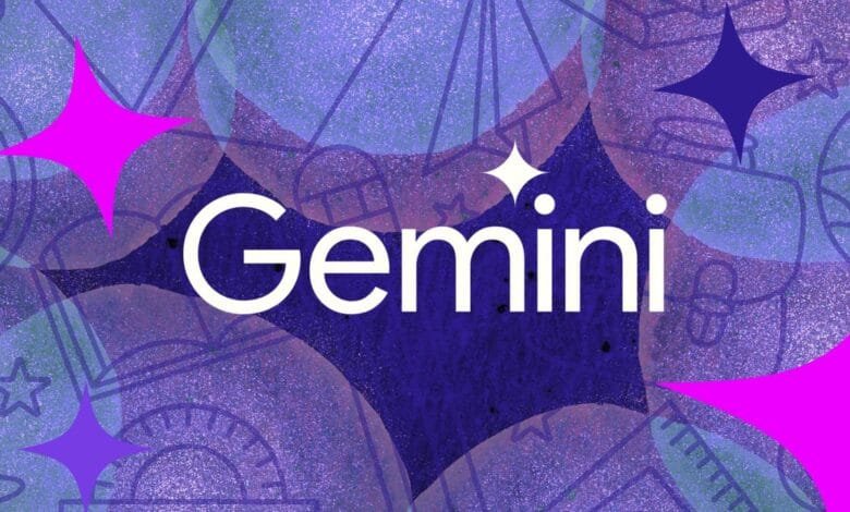 Gemini zodiac sign graphic with purple and pink abstract shapes and stars.