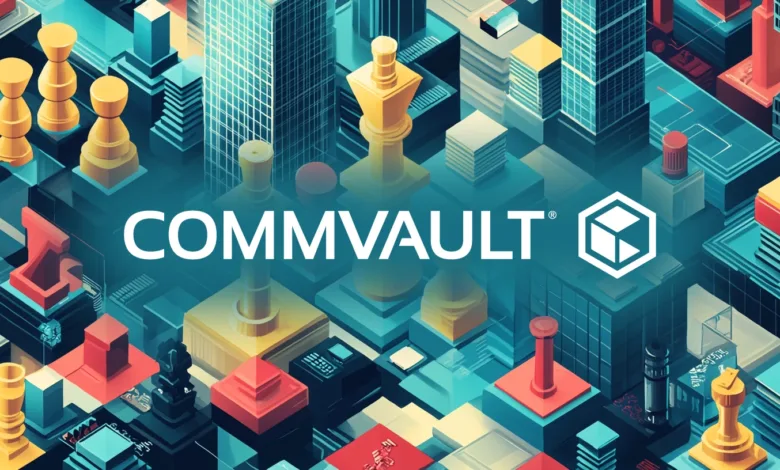 Commvault logo with chess pieces and isometric city, symbolizing data strategy.