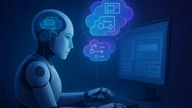 AI robot using computer, cloud computing diagrams shown