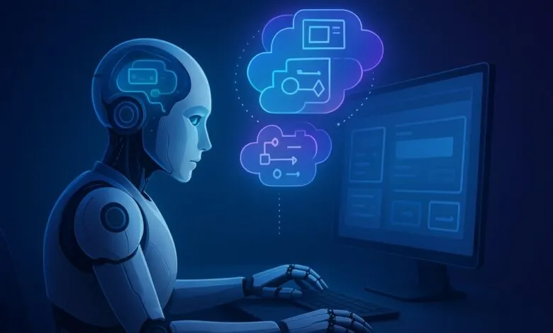 AI robot using computer, cloud computing diagrams shown