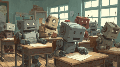 Retro robots sit at desks in a classroom, taking a test. A charming illustration.