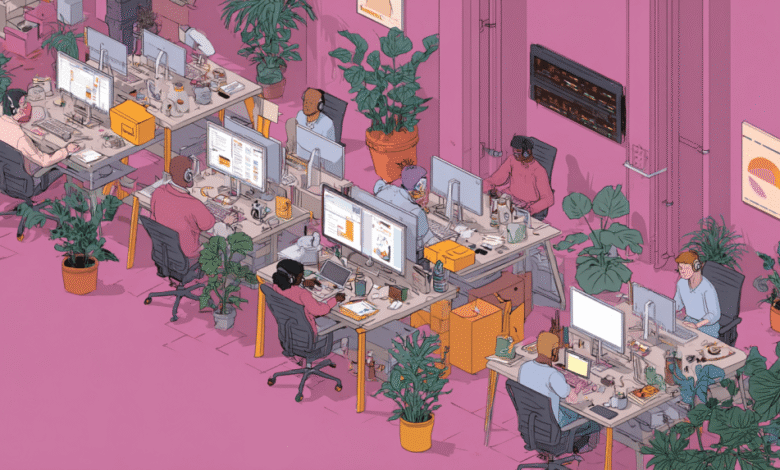 Isometric illustration of a modern office with diverse employees working at computers, surrounded by plants in a pink room.