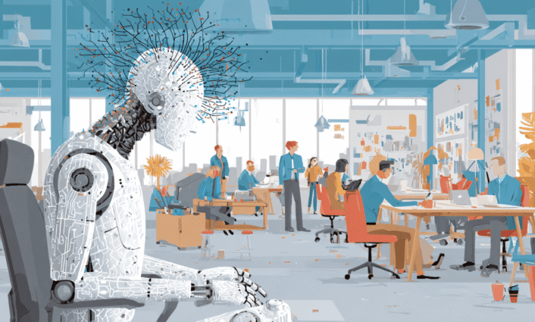 A robot sits in an office, its exposed circuitry resembling a brain. Human coworkers collaborate nearby.