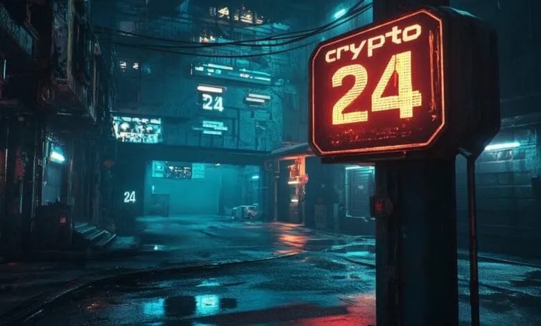 Cyberpunk-style alleyway at night, illuminated by neon signs; a prominent sign displays 'Crypto 24'.
