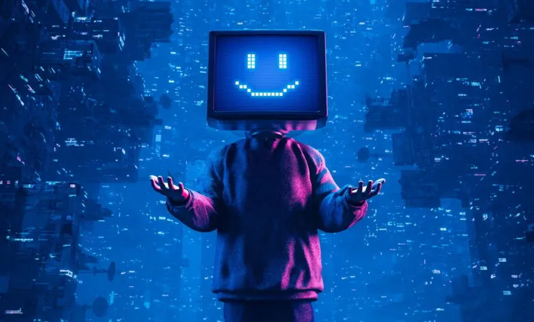 A digital figure with a retro TV for a head, displaying a pixelated smiley face, stands against a futuristic cityscape backdrop.