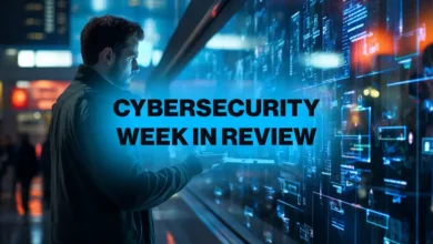 A person reviews cybersecurity data on a large digital screen displaying various code and graphs.