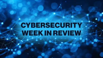 Cybersecurity Week in Review: Abstract blue network graphic with text overlay.