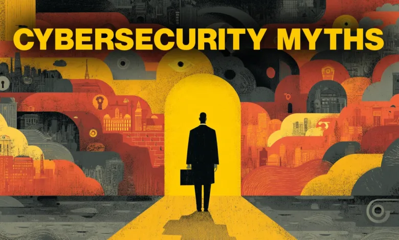 Abstract illustration: businessman facing a bright future, symbolizing cybersecurity myths and challenges.