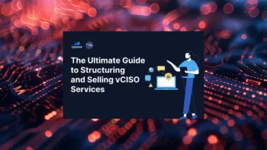 Guide to structuring and selling vCISO services, illustrated with a person presenting information about cybersecurity on a laptop.
