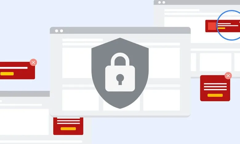 Website security: Padlock inside a shield on a webpage, surrounded by red pop-up ads. A magnifying glass highlights one ad.
