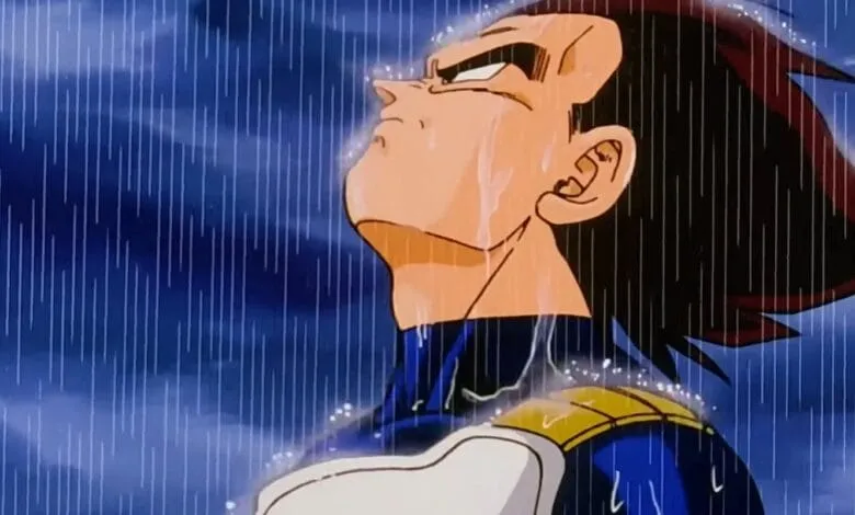 Vegeta, from Dragon Ball Z, stands in the rain, head tilted back, looking somber and drenched.