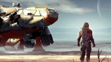 A lone astronaut in a weathered spacesuit stands on a desolate alien planet, gazing at a large, futuristic spacecraft.