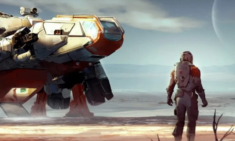 A lone astronaut in a weathered spacesuit stands on a desolate alien planet, gazing at a large, futuristic spacecraft.